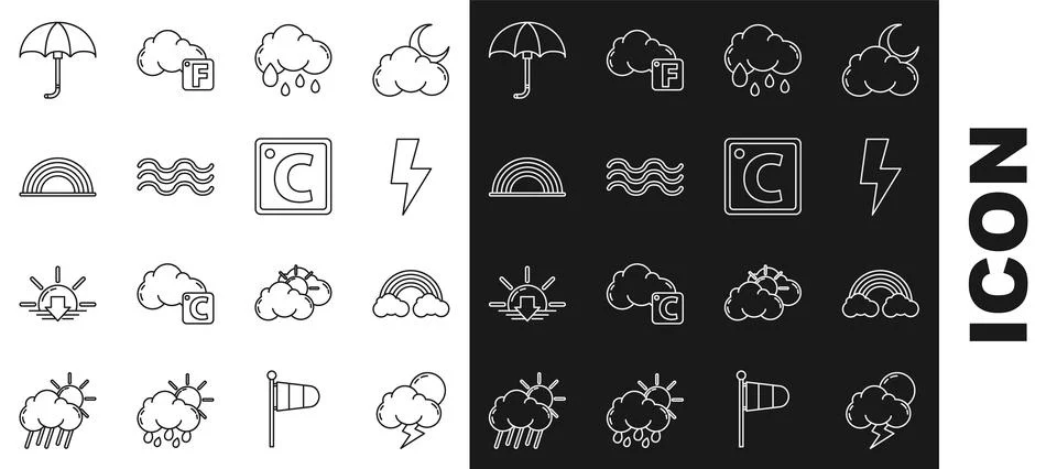 Set line Storm, Rainbow with clouds, Lightning bolt, Cloud rain, Waves, Classic Stock Illustration