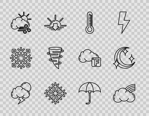 Set line Storm, Rainbow with clouds, Thermometer, Snowflake, Windy weather Stock Illustration
