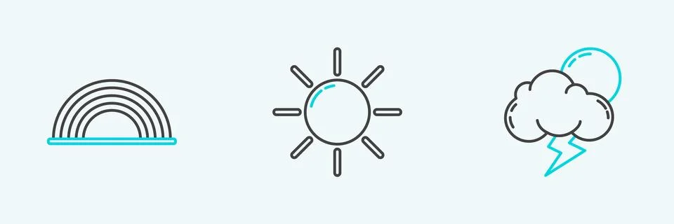 Set line Storm, Rainbow with clouds and Sun icon. Vector Stock Illustration