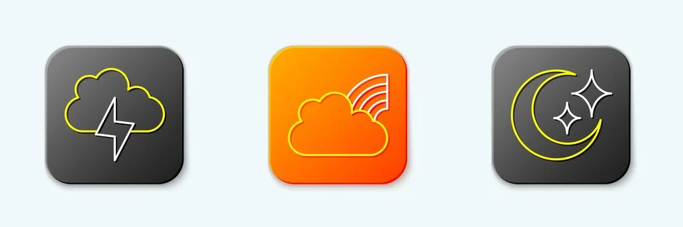 Set line Storm, Rainbow with clouds and Moon and stars icon. Vector Stockillustratie