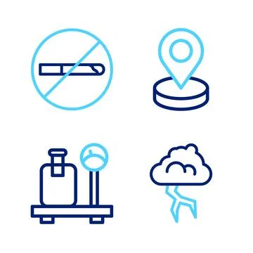 Set line Storm, Scale with suitcase, Location and No Smoking icon. Vector Illustrazione stock