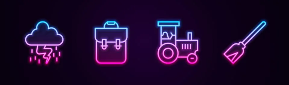 Set line Storm, School backpack, Tractor and Handle broom. Glowing neon icon Stock Illustration