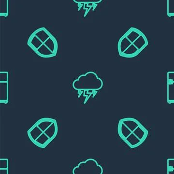 Set line Storm, Shield and Refrigerator on seamless pattern. Vector Stock Illustration