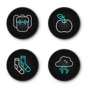 Set line Storm, Socks, Apple and School backpack icon. Vector Stock Illustration