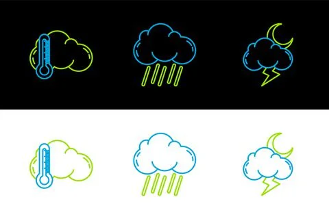 Set line Storm, Thermometer and cloud and Cloud with rain icon. Vector イラスト素材