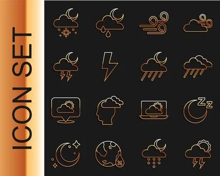 Set line Storm, Time sleep, Cloud with rain, Windy weather, Lightning bolt,.. Illustrazione stock