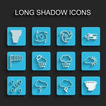 Set line Storm, Tornado, Cloud with snow, rain, sun, Cloudy and and icon. Vector Illustrazione stock