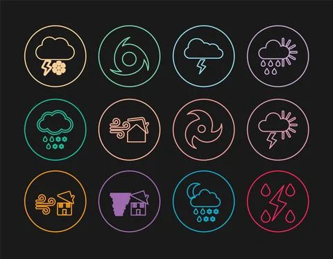 Set line Storm, Tornado swirl, Cloud with snow and rain, lightning, and icon Stock Illustration
