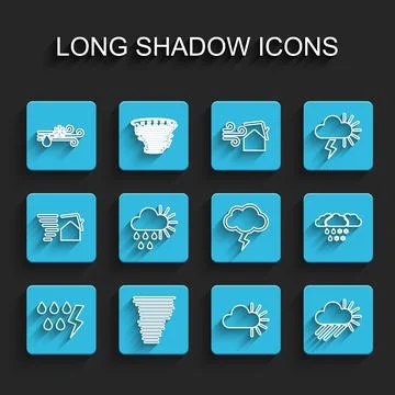 Set line Storm, Tornado, Wind and rain with snow, Cloudy, sun, and icon. Vector Stock Illustration