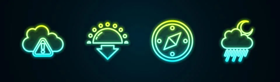 Set line Storm warning, Sunset, Compass and Cloud with rain and moon. Glowi.. Stock Illustration