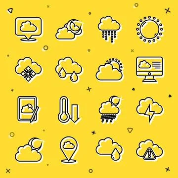Set line Storm warning, Weather forecast, Cloud with rain, snow, Location cloud 스톡 일러스트
