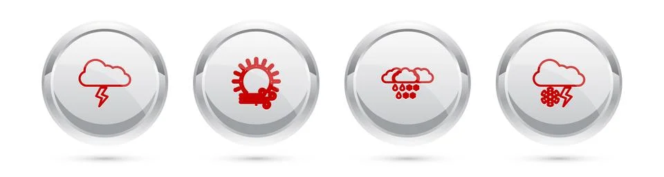 Set line Storm, Wind and sun, Cloud with snow rain and lightning. Silver circle Illustrazione stock
