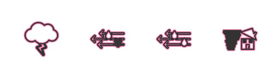 Set line Storm, Wind and rain, with snow and Tornado swirl icon. Vector Stock Illustration
