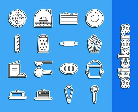 Set line Strainer spoon, Bakery bowl dough, Cupcake, Brownie chocolate, Grater 스톡 일러스트