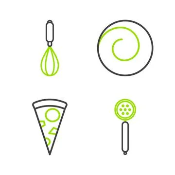 Set line Strainer spoon, Slice of pizza, Roll bun with cinnamon and Kitchen Stock Illustration