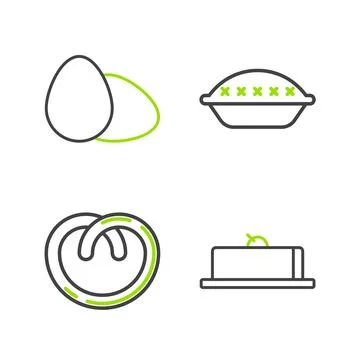 Set line Strawberry cheesecake slice, Pretzel, Homemade pie and Chicken egg icon Stock Illustration
