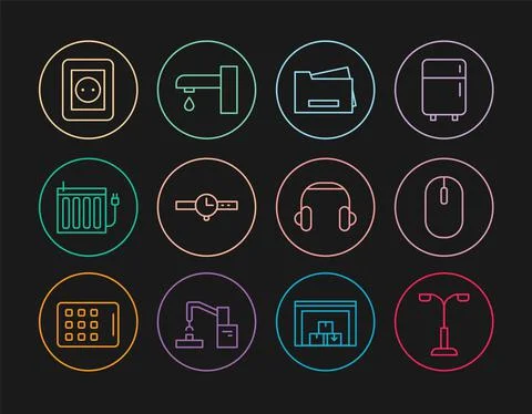Set line Street light, Computer mouse, Printer, Wrist watch, Heating radiator Stock Illustration
