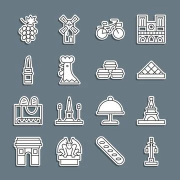 Set line Street light, Eiffel tower, Louvre museum, Bicycle, French rooster Stock-Illustration