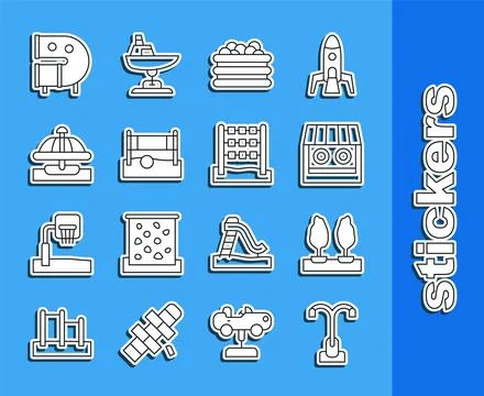Set line Street light, Forest, Shooting gallery, Pool with balls, Volleybal.. Stock Illustration