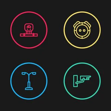 Set line Street light, Security camera, Robot vacuum cleaner and Smart sensor Illustrazione stock