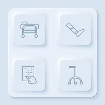 Set line Stretcher, Prosthesis leg, Braille and Walking stick cane. White square Illustration