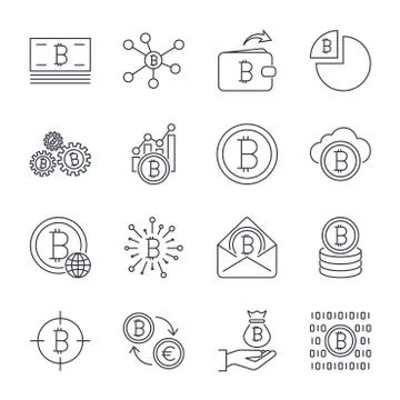 Set of line stroke vector bitcoin and cryptocurrency icons. Mining, coin, pic Illustrazione stock