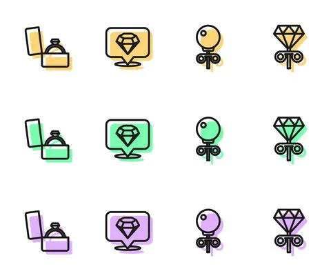 Set line Stud earrings, Diamond engagement box, and icon. Vector Stock Illustration