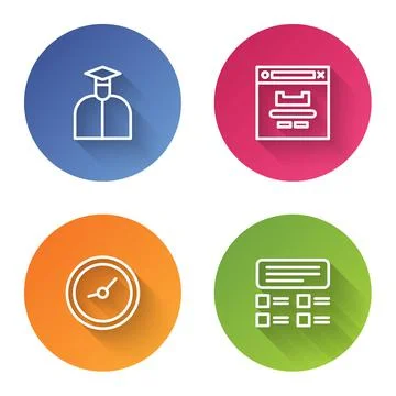 Set line Student, Browser window, Clock and Online quiz, test, survey. Color Stock Illustration