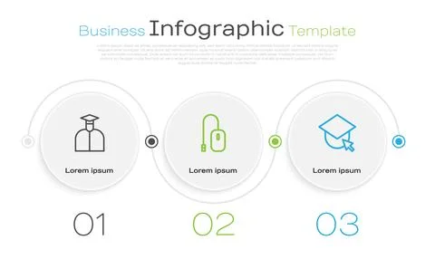 Set line Student, Computer mouse and Graduation cap on globe. Business Stock Illustration