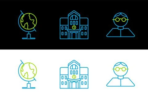 Set line Student, Earth globe and School building icon. Vector Ilustración de archivo
