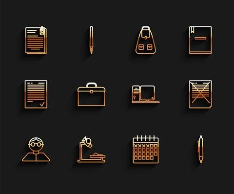 Set line Student, Microscope, File document and paper clip, Calendar, Pen 库存插图
