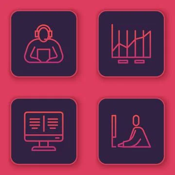 Set line Student, Online book on monitor, Pie chart infographic and working at Stock Illustration