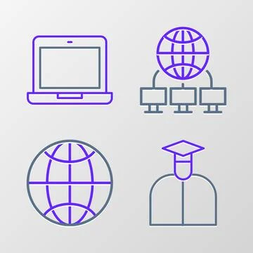 Set line Student, Social network, Computer and Laptop icon. Vector Stock Illustration