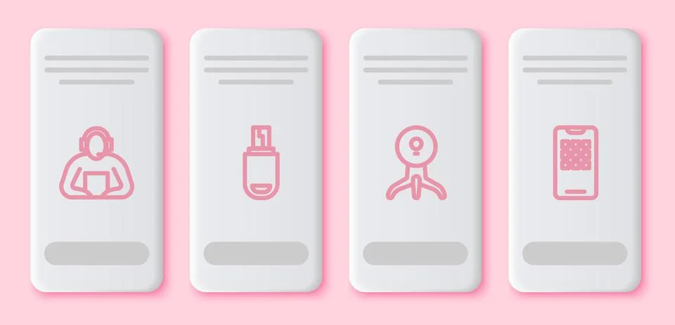 Set line Student, USB flash drive, Web camera and Mobile phone. White rectangle Stock Illustration
