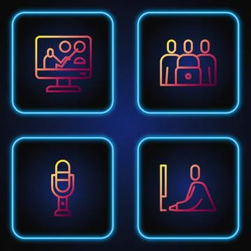 Set line Student working at laptop, Microphone, Online education and class Stock Illustration