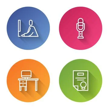Set line Student working at laptop, Microphone, Computer monitor and desk and Stock Illustration