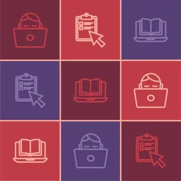 Set line Student working at laptop, Online class and quiz, test, survey icon Stock Illustration
