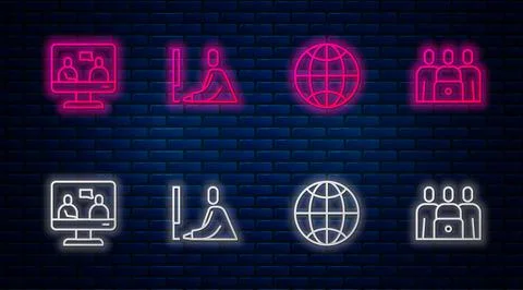 Set line Student working at laptop, Social network, Online education and class Stock Illustration