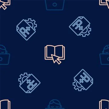 Set line Student working at laptop, Exam sheet with A plus grade and Online b Stock-Illustration