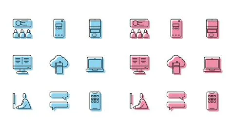 Set line Student working at laptop, Speech bubble chat, Training, presentation Stock Illustration