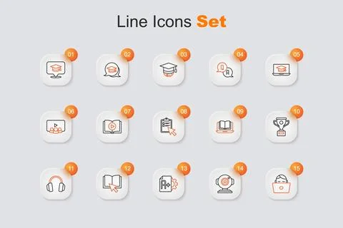 Set line Student working at laptop Web camera Exam sheet with A plus grade On Stock-Illustration