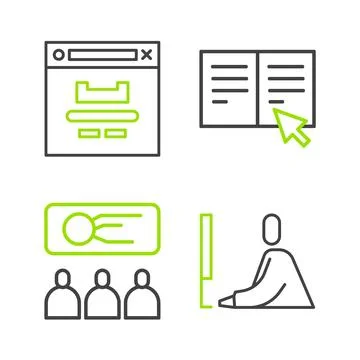 Set line Student working at laptop, Training, presentation, Online book and.. イラスト素材
