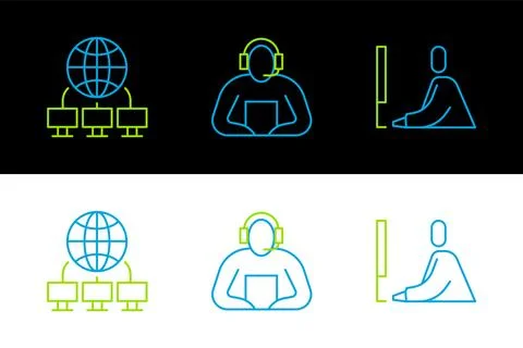 Set line Student working at laptop, Computer network and  icon. Vector Illustrazione stock