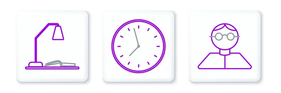 Set line Student, Workplace with table lamp and open book and Clock icon. V.. Stock Illustration