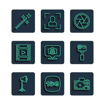 Set line Studio light bulb in softbox, Photo frame 16, camera, Camera shutter Illustrazione stock