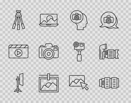Set line Studio light bulb in softbox, Camera photo lens, Photo camera, frame Stock Illustration