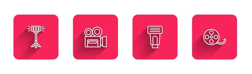 Set line Studio light bulb in softbox, Retro cinema camera, Photo flash and.. Stock Illustration