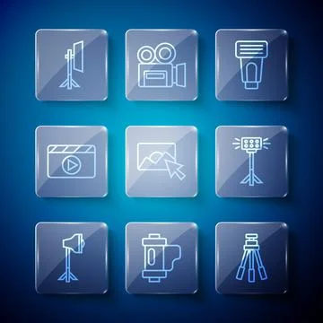 Set line Studio light bulb in softbox, Camera film roll cartridge, Tripod, .. Stock Illustration