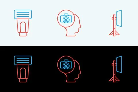 Set line Studio light bulb in softbox, Photo camera flash and  icon. Vector 스톡 일러스트