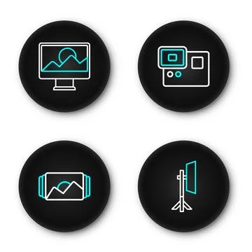 Set line Studio light bulb in softbox, Photo frame, Action extreme camera a.. Stock Illustration